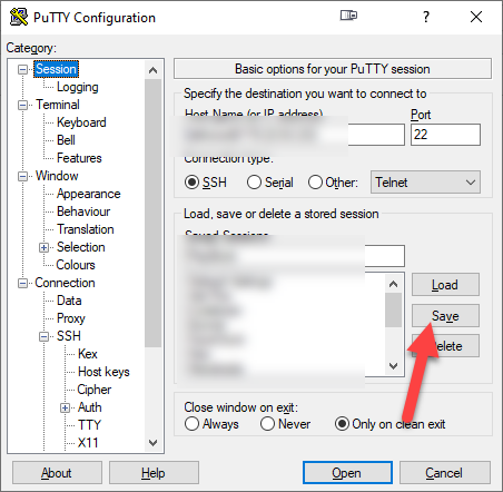 Save session in Putty