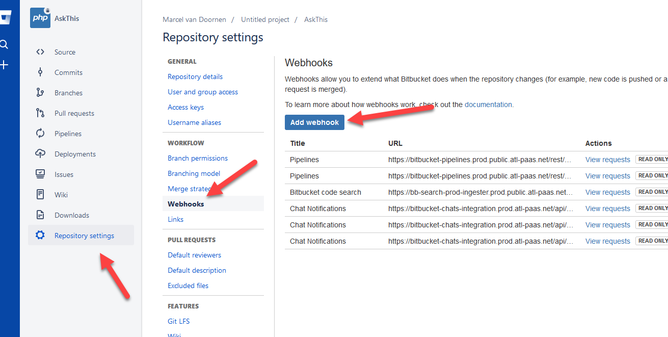 Webhook toevoegen in Bitbucket